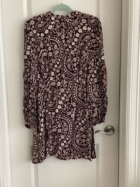 J. Mendel Maroon and White Paisley Long-Sleeve Dress